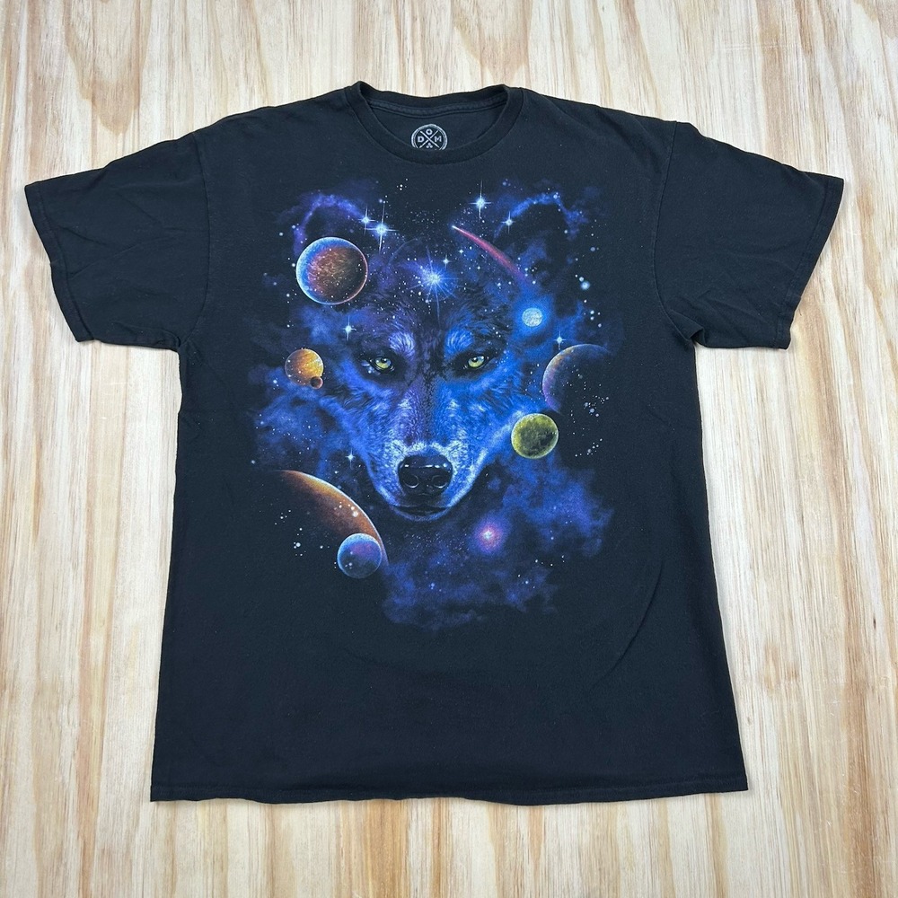 DOM‎ Space Wolf T Shirt Crewneck Galaxy Planets  SPACE-WOLF Size Large Black